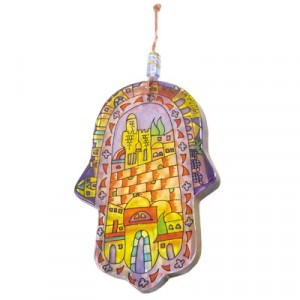 Painted Glass Hamsa with a Scene of Jerusalem by Yair Emanuel Default Category