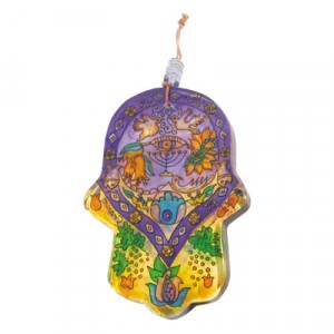 Painted Glass Hamsa by Yair Emanuel with a Menorah Default Category