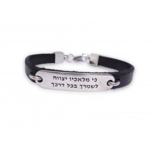 Leather Bracelet with Angel Blessing in Sterling Silver Joyería Judía